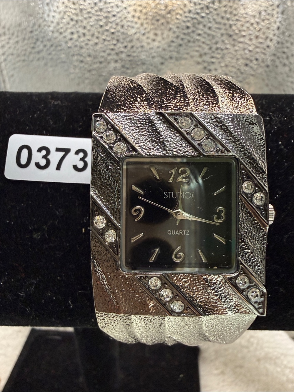 Studio Silver Crystal-Accented Bangle Watch with Black Dial